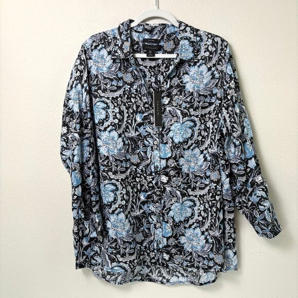 Tahari Button Front Top Plus 1X Blue Gray Floral 100% Linen Roll Tab Sleeve NWT - Picture 1 of 10